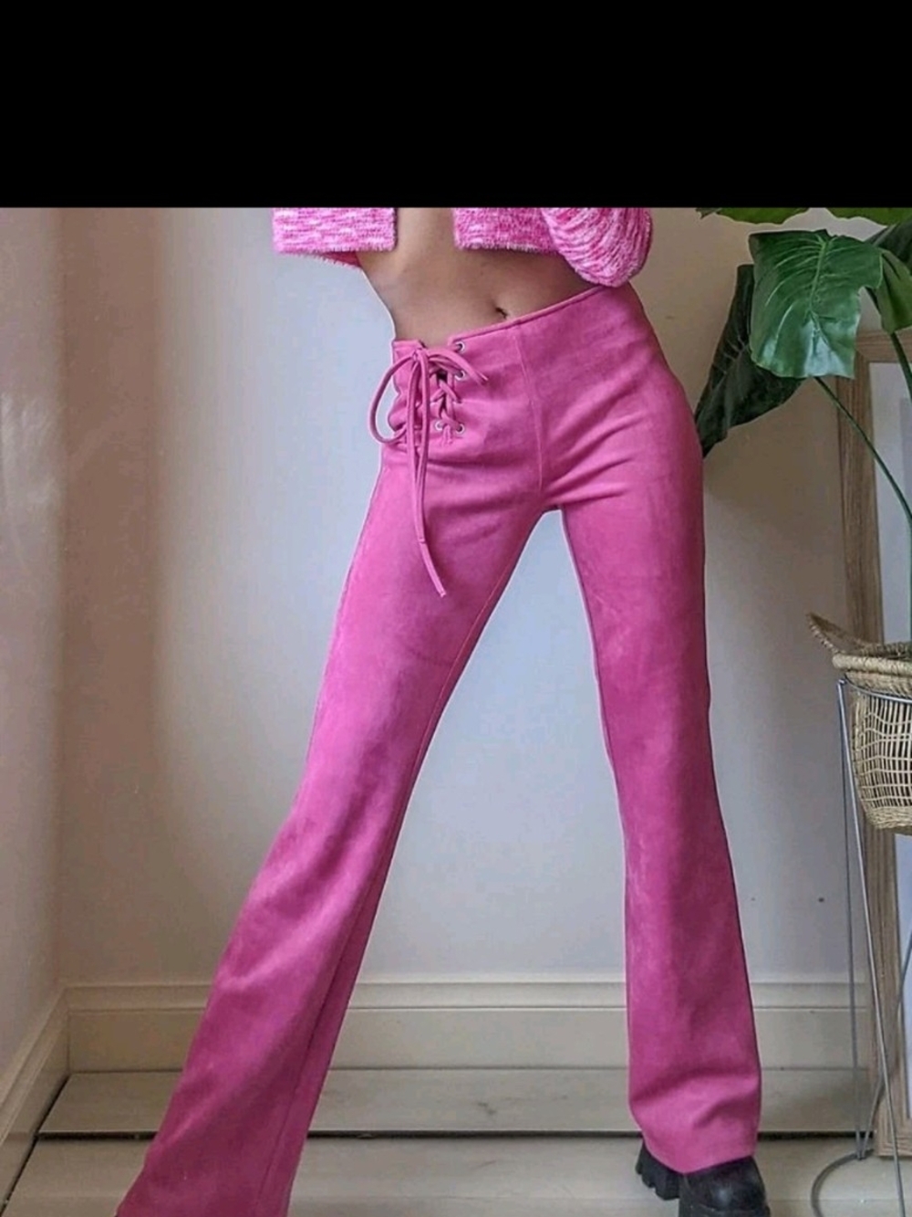 Labelrail X Pose And Repeat Suede Hot Pink Lace-Up Flare Pants Size 18
